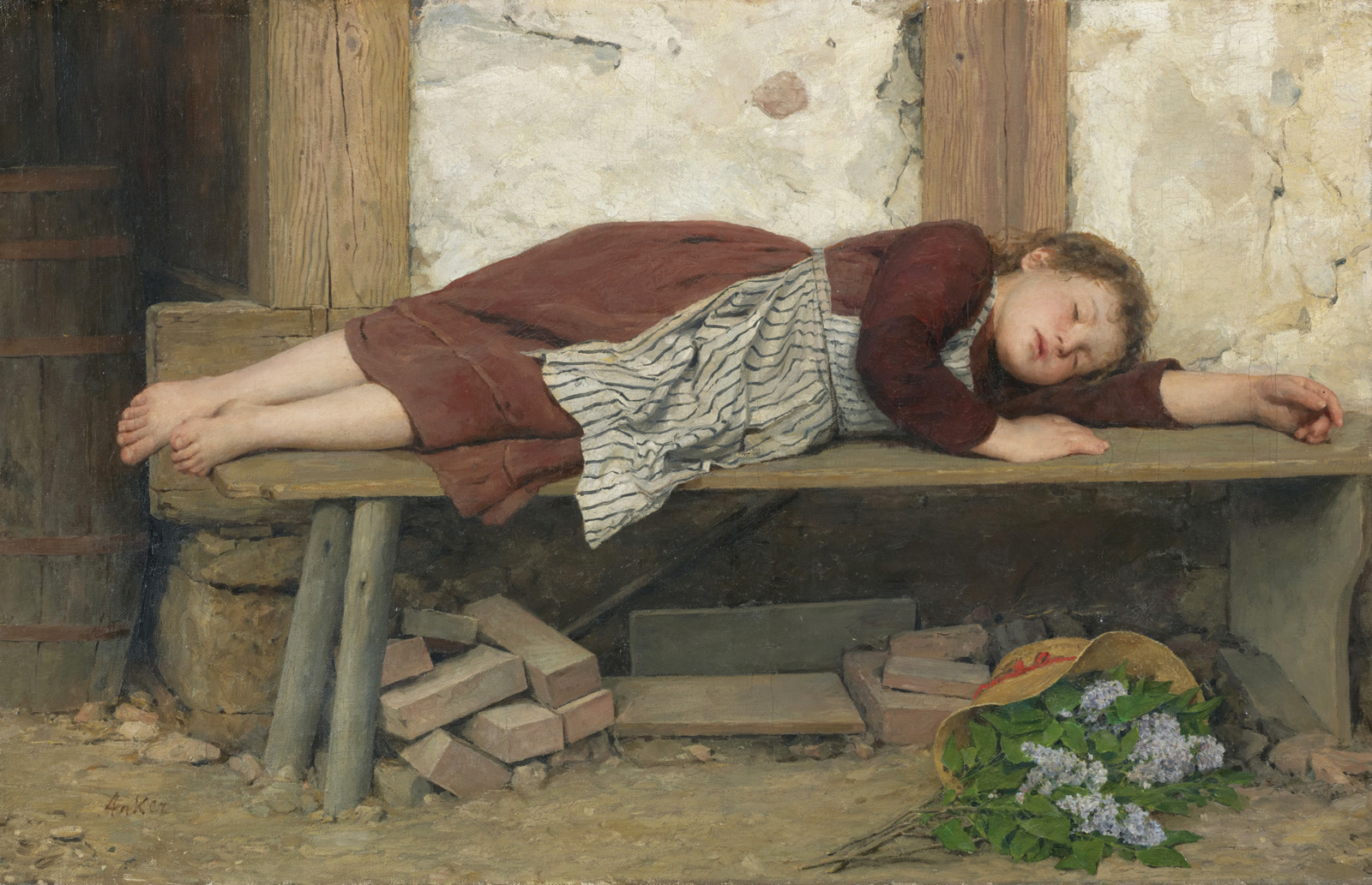 sleeping girl on a wooden bench